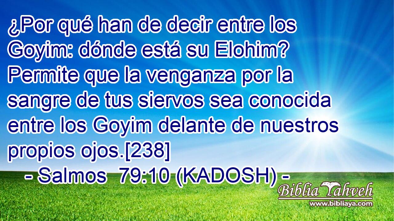  ¿Por qué han de decir entre los Goyim: dónde está su Elohim? Permite que la venganza por la sangre de tus siervos sea conocida entre los Goyim delante de nuestros propios ojos.[238] 