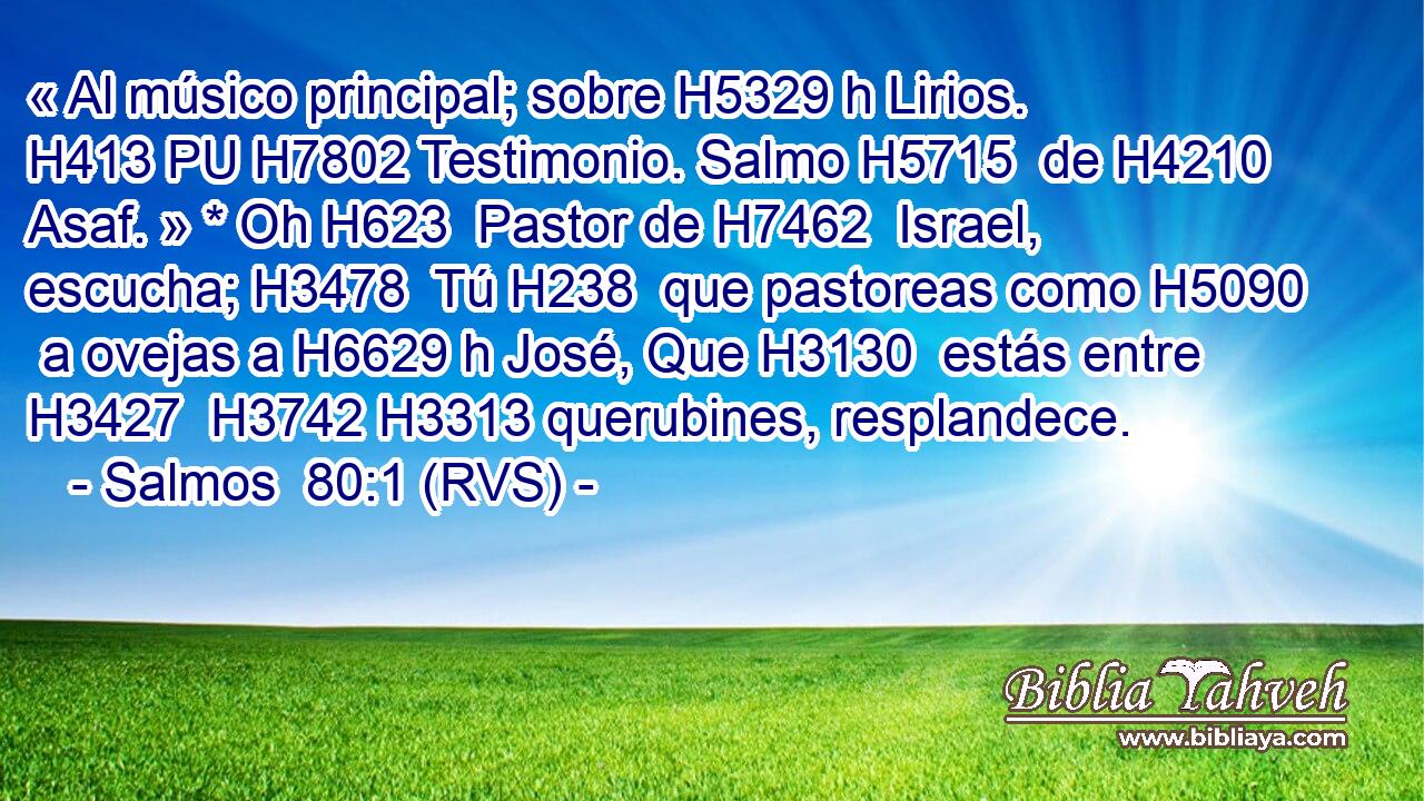 « Al músico principal; sobre H5329 h Lirios. H413 PU H7802 Testimonio. Salmo H5715  de H4210  Asaf. » * Oh H623  Pastor de H7462  Israel, escucha; H3478  Tú H238  que pastoreas como H5090  a ovejas a H6629 h José, Que H3130  estás entre H3427  H3742 H3313 querubines, resplandece. 