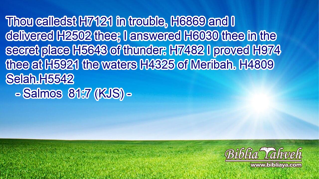 Thou calledst H7121 in trouble, H6869 and I delivered H2502 thee; I answered H6030 thee in the secret place H5643 of thunder: H7482 I proved H974 thee at H5921 the waters H4325 of Meribah. H4809 Selah.H5542