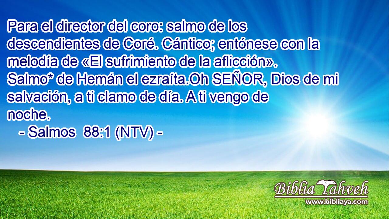 Para el director del coro: salmo de los descendientes de Coré. Cántico; entónese con la melodía de «El sufrimiento de la aflicción». Salmo* de Hemán el ezraíta.Oh SEÑOR, Dios de mi salvación, a ti clamo de día. A ti vengo de noche.