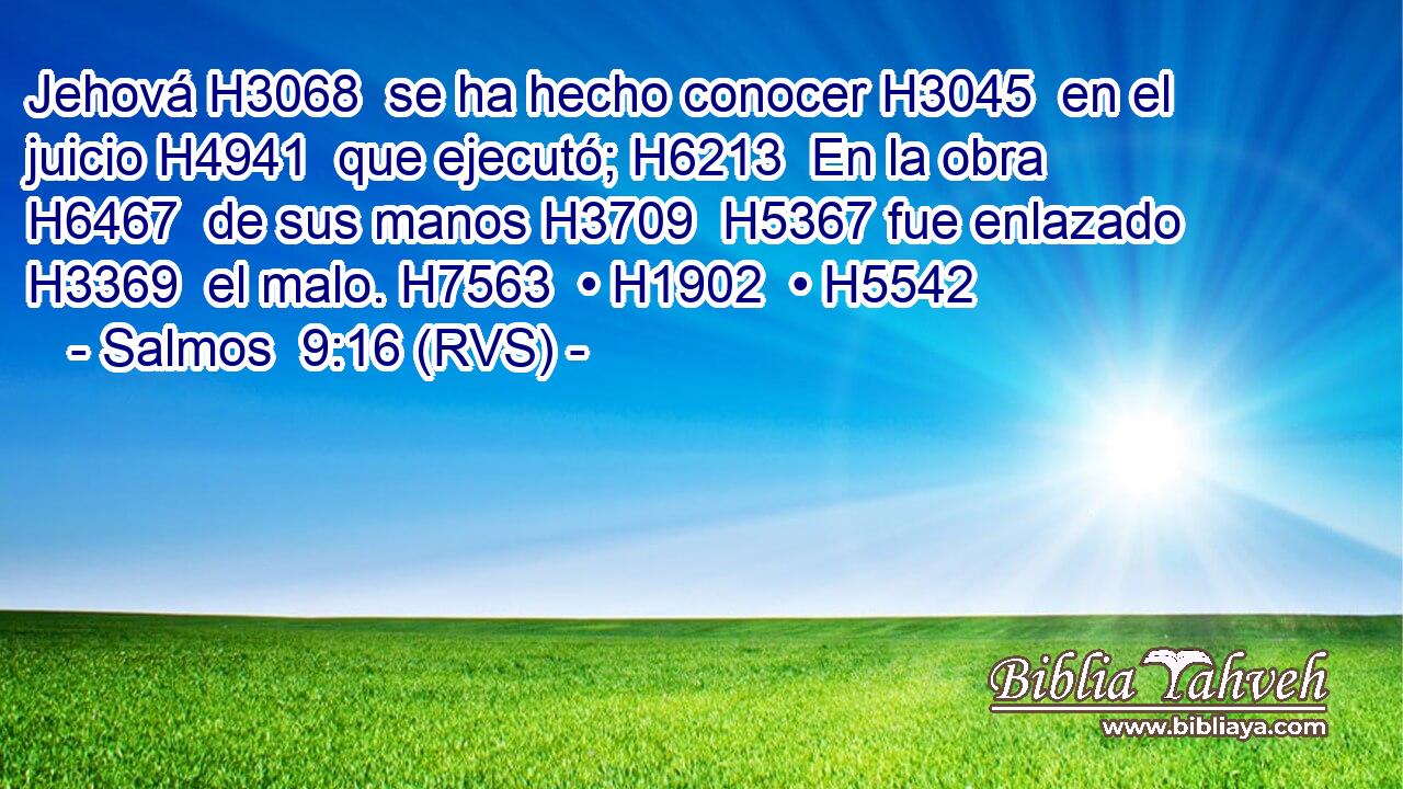 Jehová H3068  se ha hecho conocer H3045  en el juicio H4941  que ejecutó; H6213  En la obra H6467  de sus manos H3709  H5367 fue enlazado H3369  el malo. H7563  • H1902  • H5542  