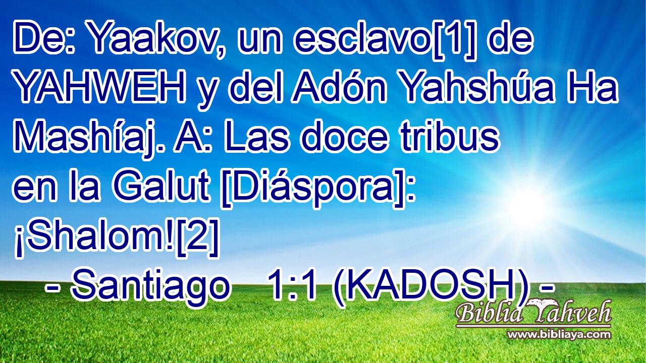  De: Yaakov, un esclavo[1] de YAHWEH y del Adón Yahshúa Ha Mashíaj. A: Las doce tribus en la Galut [Diáspora]: ¡Shalom![2] 