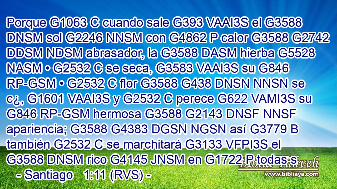 Porque G1063 C cuando sale G393 VAAI3S el G3588 DNSM sol G2246 NNSM con G4862 P calor G3588 G2742 DDSM NDSM abrasador, la G3588 DASM hierba G5528 NASM • G2532 C se seca, G3583 VAAI3S su G846 RP-GSM • G2532 C flor G3588 G438 DNSN NNSN se c¿, G1601 VAAI3S y G2532 C perece G622 VAMI3S su G846 RP-GSM hermosa G3588 G2143 DNSF NNSF apariencia; G3588 G4383 DGSN NGSN así G3779 B también G2532 C se marchitará G3133 VFPI3S el G3588 DNSM rico G4145 JNSM en G1722 P todas s