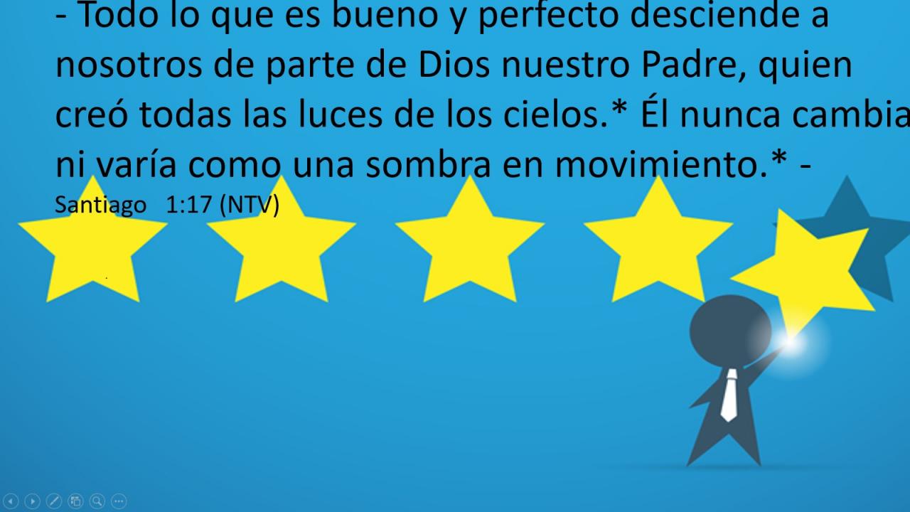 Todo lo que es bueno y perfecto desciende a nosotros de parte de Dios nuestro Padre, quien creó todas las luces de los cielos.* Él nunca cambia ni varía como una sombra en movimiento.*