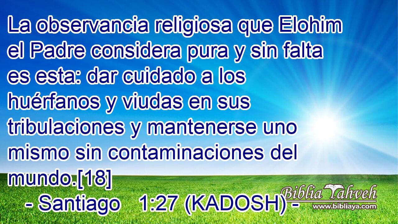  La observancia religiosa que Elohim el Padre considera pura y sin falta es esta: dar cuidado a los huérfanos y viudas en sus tribulaciones y mantenerse uno mismo sin contaminaciones del mundo.[18] 