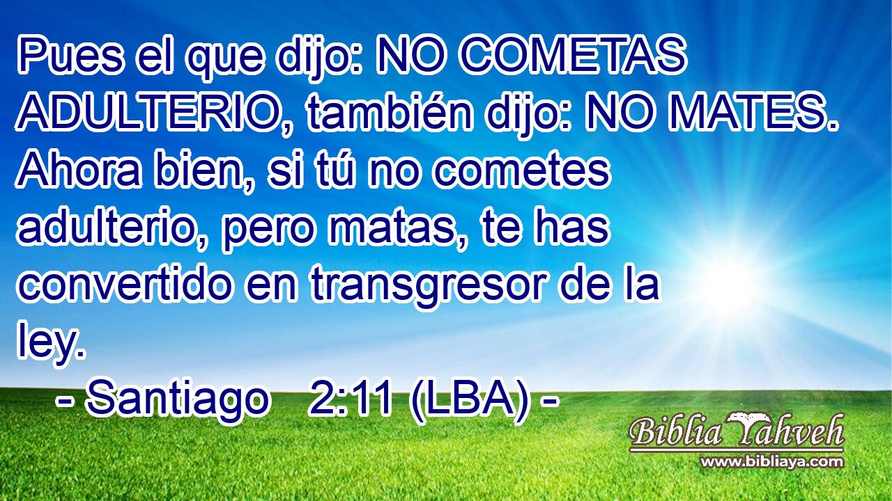 Pues el que dijo: NO COMETAS ADULTERIO, también dijo: NO MATES. Ahora bien, si tú no cometes adulterio, pero matas, te has convertido en transgresor de la ley.