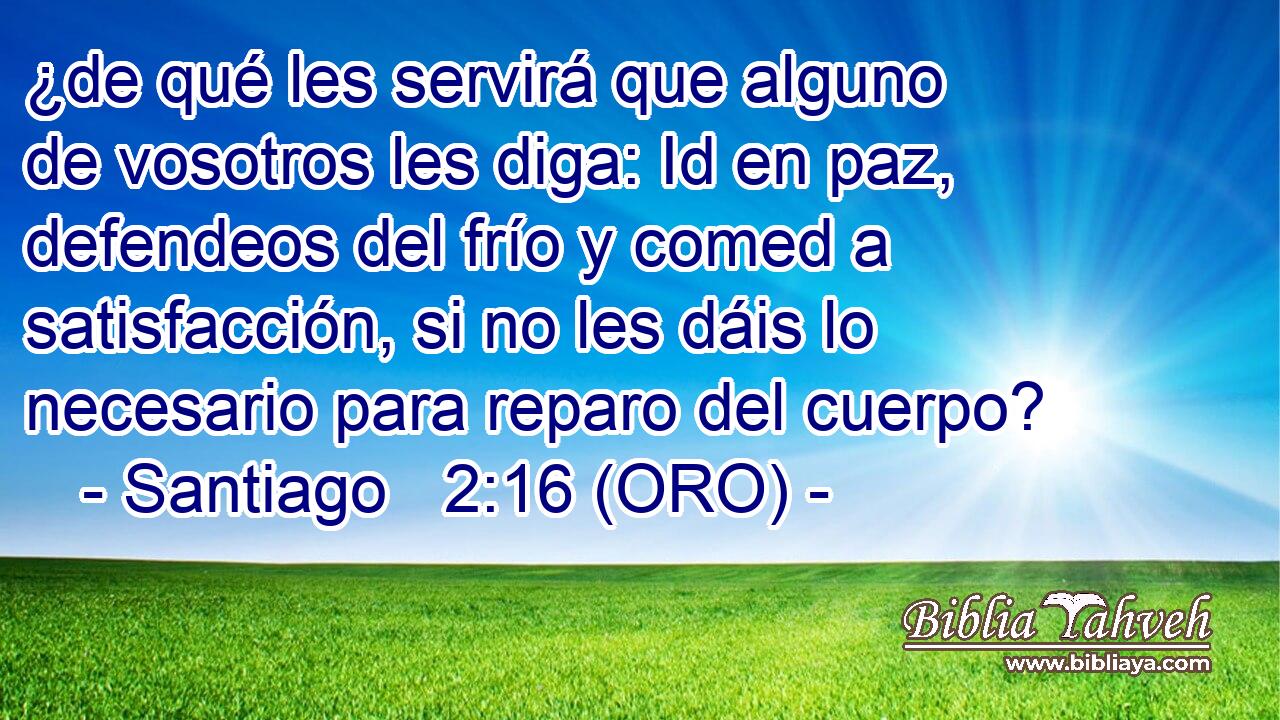  ¿de qué les servirá que alguno de vosotros les diga: Id en paz, defendeos del frío y comed a satisfacción, si no les dáis lo necesario para reparo del cuerpo? 