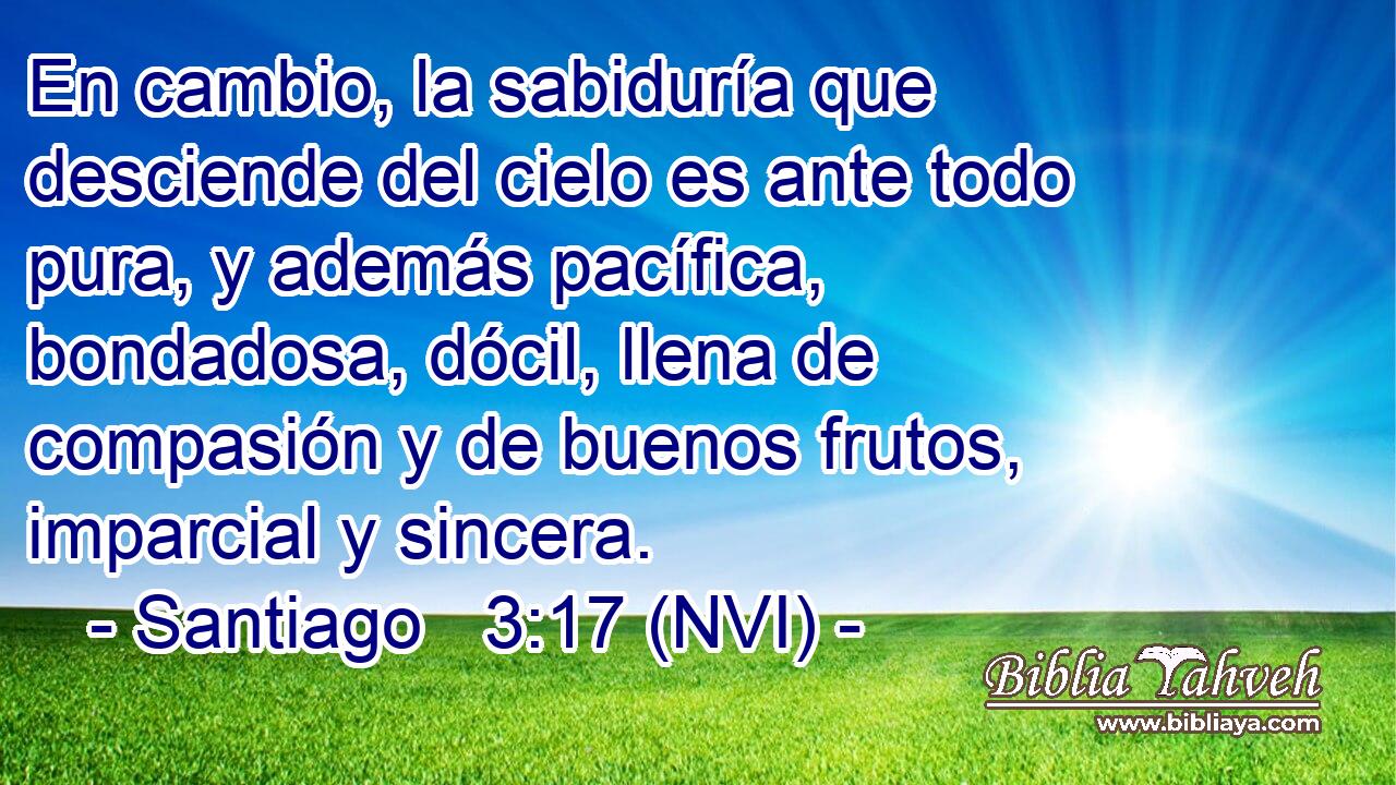  En cambio, la sabiduría que desciende del cielo es ante todo pura, y además pacífica, bondadosa, dócil, llena de compasión y de buenos frutos, imparcial y sincera. 