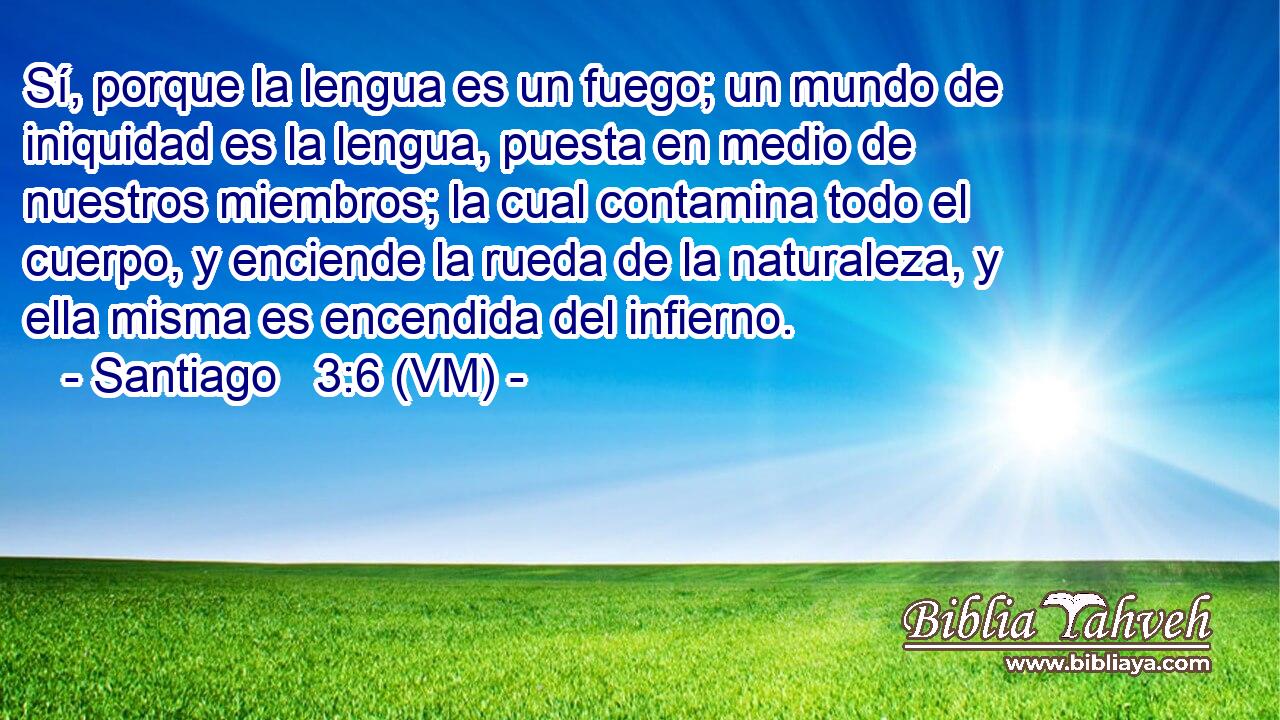  Sí, porque la lengua es un fuego; un mundo de iniquidad es la lengua, puesta en medio de nuestros miembros; la cual contamina todo el cuerpo, y enciende la rueda de la naturaleza, y ella misma es encendida del infierno. 