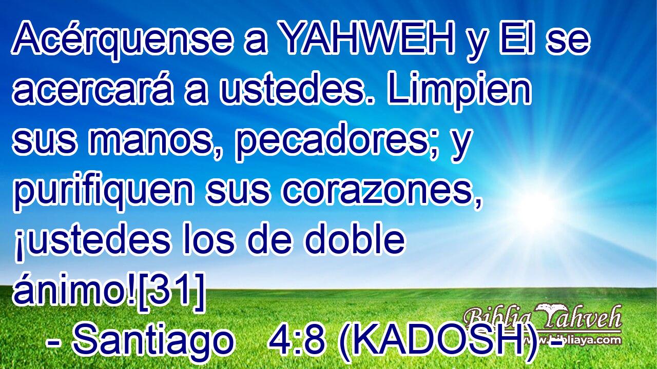  Acérquense a YAHWEH y El se acercará a ustedes. Limpien sus manos, pecadores; y purifiquen sus corazones, ¡ustedes los de doble ánimo![31] 