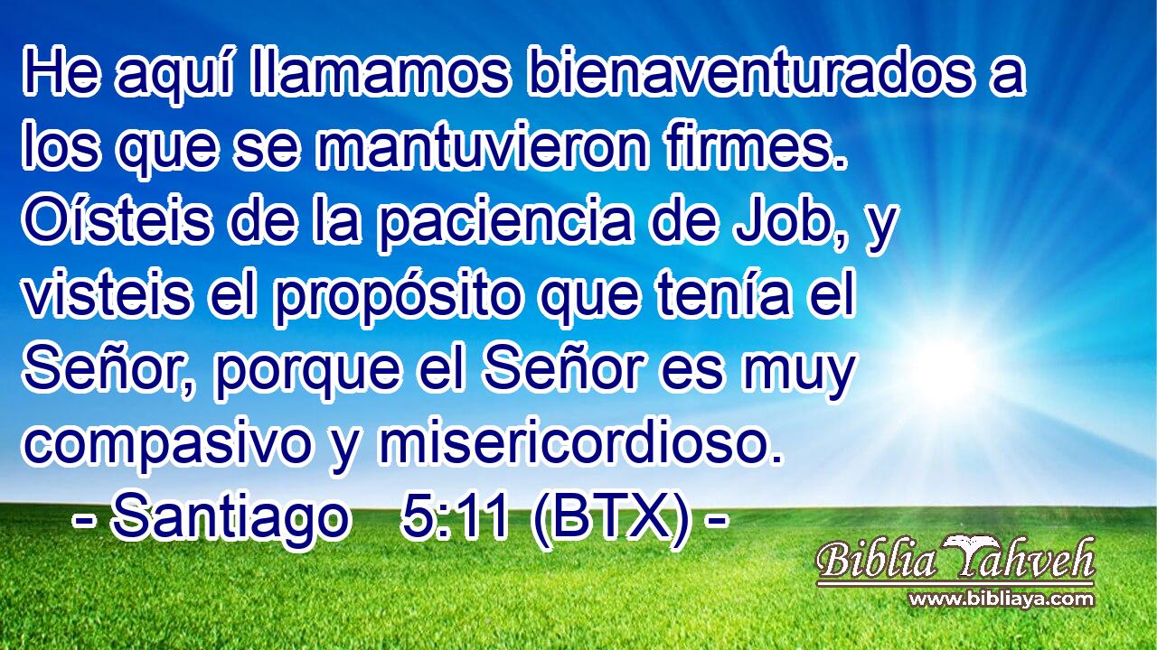 He aquí llamamos bienaventurados a los que se mantuvieron firmes. Oísteis de la paciencia de Job, y visteis el propósito que tenía el Señor, porque el Señor es muy compasivo y misericordioso.