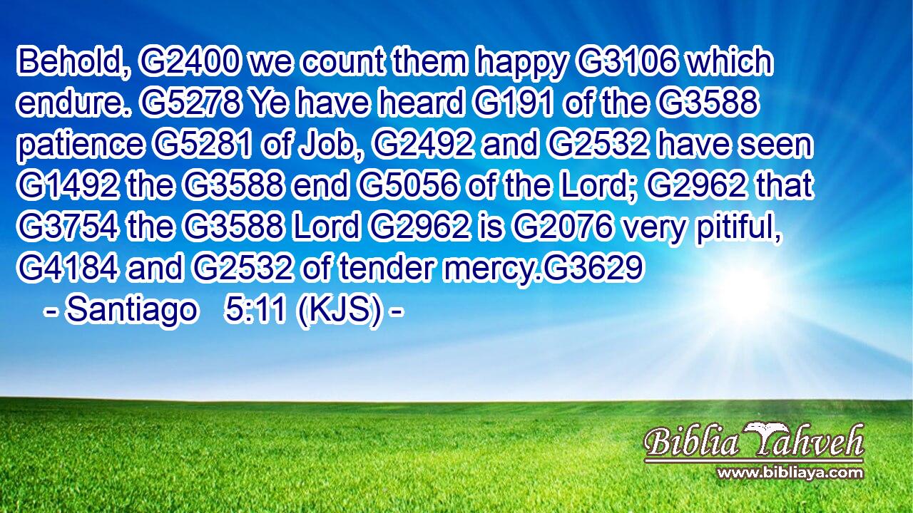 Behold, G2400 we count them happy G3106 which endure. G5278 Ye have heard G191 of the G3588 patience G5281 of Job, G2492 and G2532 have seen G1492 the G3588 end G5056 of the Lord; G2962 that G3754 the G3588 Lord G2962 is G2076 very pitiful, G4184 and G2532 of tender mercy.G3629