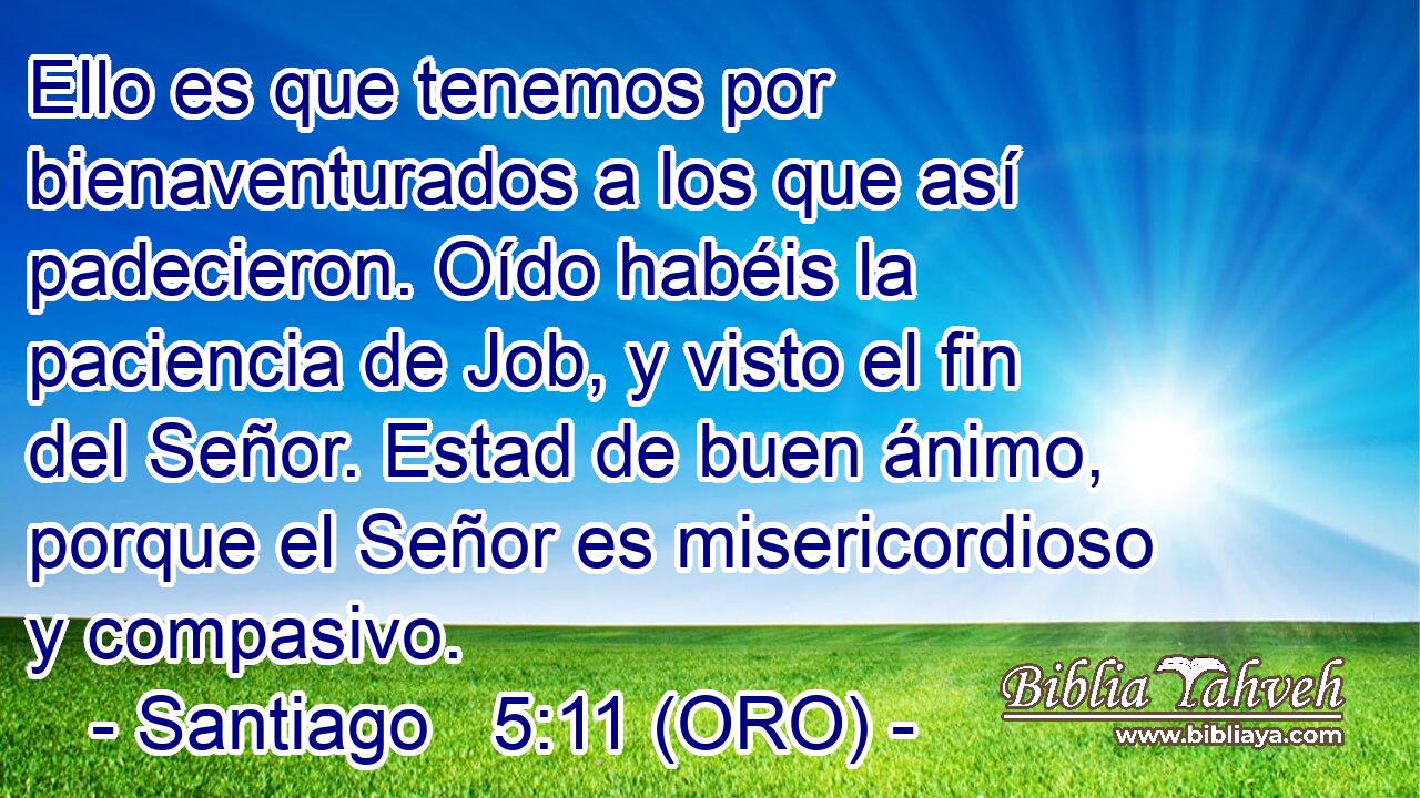  Ello es que tenemos por bienaventurados a los que así padecieron. Oído habéis la paciencia de Job, y visto el fin del Señor. Estad de buen ánimo, porque el Señor es misericordioso y compasivo. 
