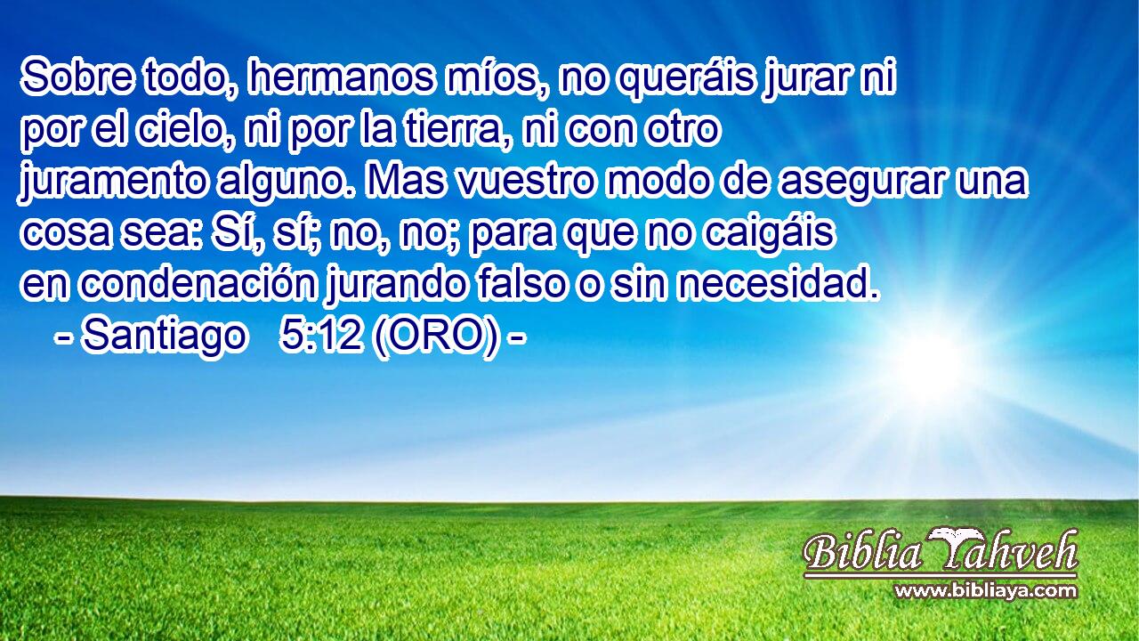  Sobre todo, hermanos míos, no queráis jurar ni por el cielo, ni por la tierra, ni con otro juramento alguno. Mas vuestro modo de asegurar una cosa sea: Sí, sí; no, no; para que no caigáis en condenación jurando falso o sin necesidad. 