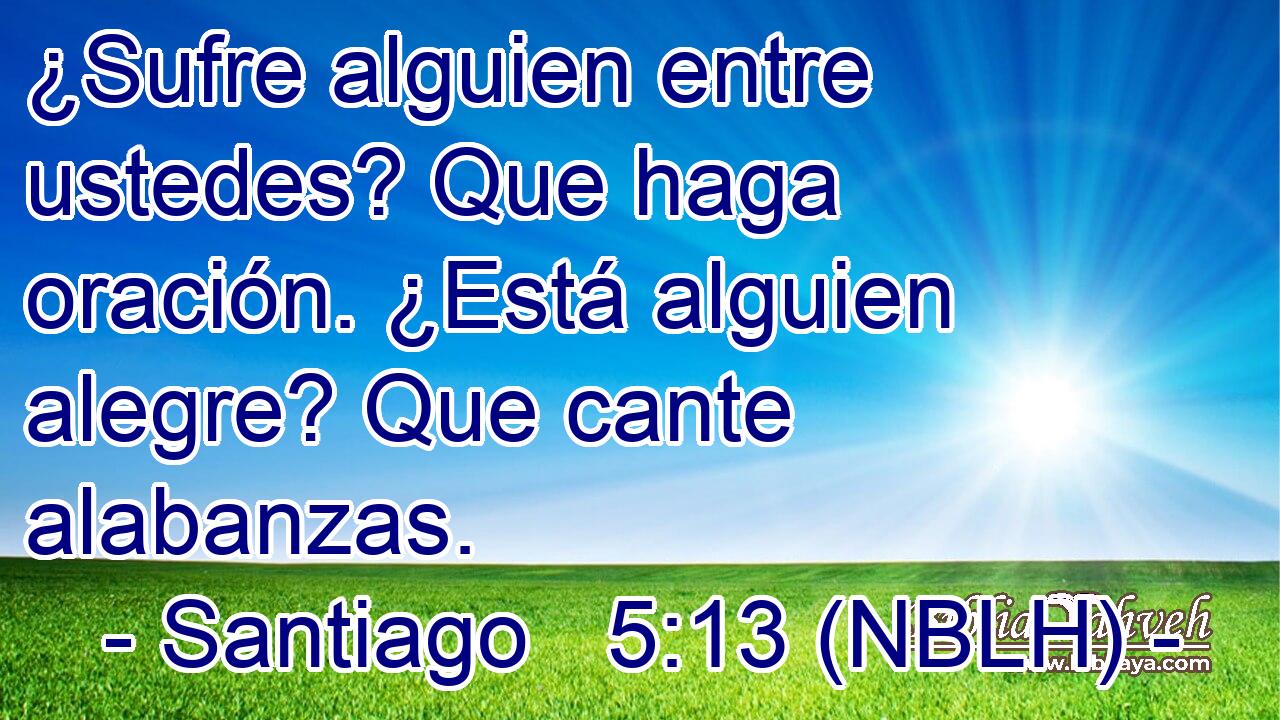  ¿Sufre alguien entre ustedes? Que haga oración. ¿Está alguien alegre? Que cante alabanzas. 