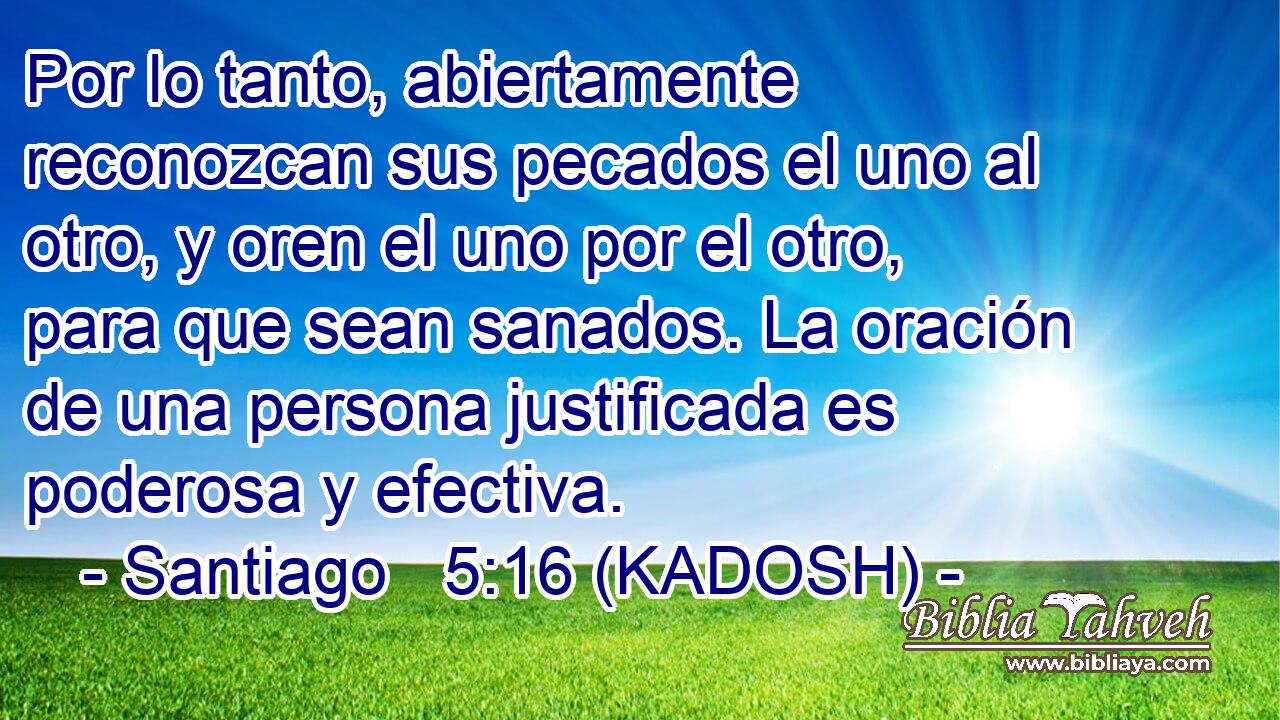  Por lo tanto, abiertamente reconozcan sus pecados el uno al otro, y oren el uno por el otro, para que sean sanados. La oración de una persona justificada es poderosa y efectiva. 