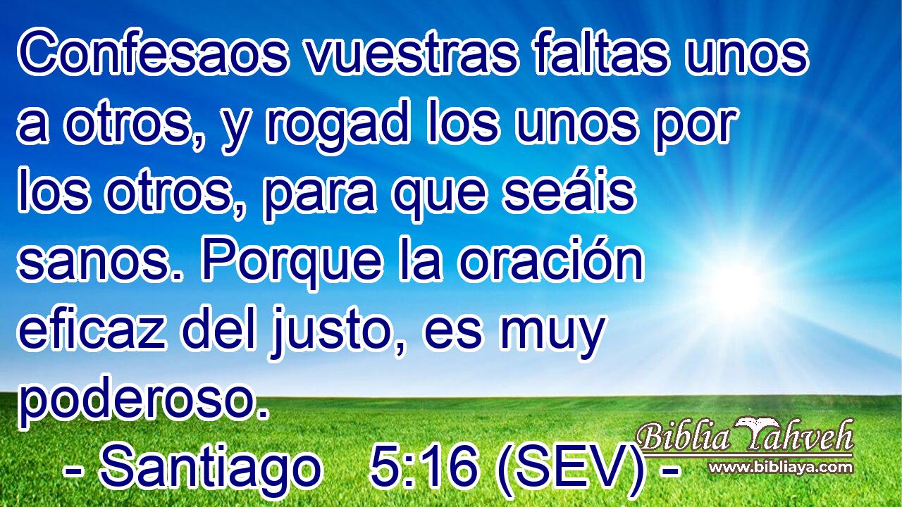 Confesaos vuestras faltas unos a otros, y rogad los unos por los otros, para que seáis sanos. Porque la oración eficaz del justo, es muy poderoso.