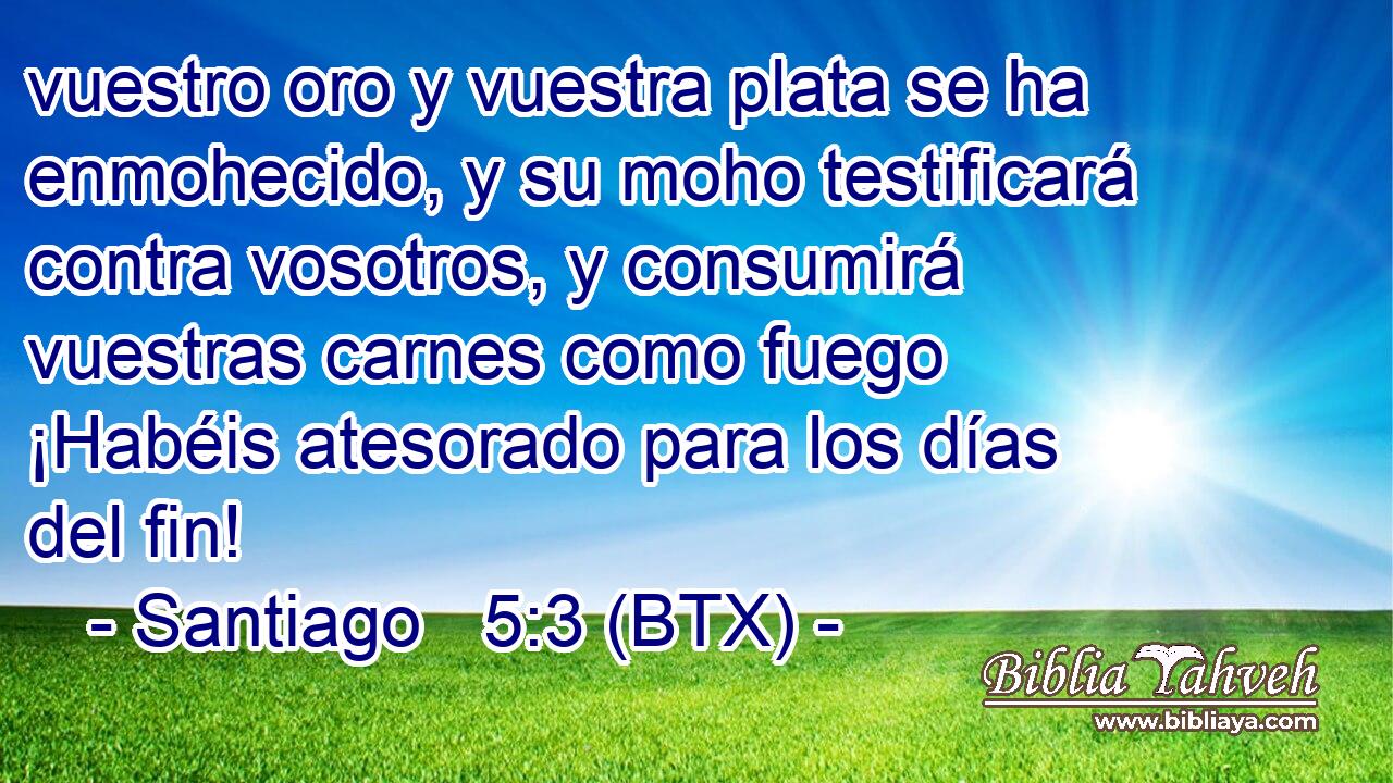vuestro oro y vuestra plata se ha enmohecido, y su moho testificará contra vosotros, y consumirá vuestras carnes como fuego ¡Habéis atesorado para los días del fin!