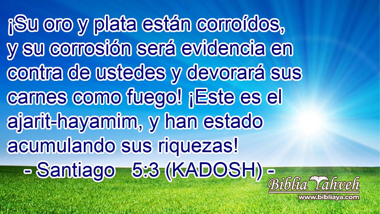 ¡Su oro y plata están corroídos, y su corrosión será evidencia en contra de ustedes y devorará sus carnes como fuego! ¡Este es el ajarit-hayamim, y han estado acumulando sus riquezas! 