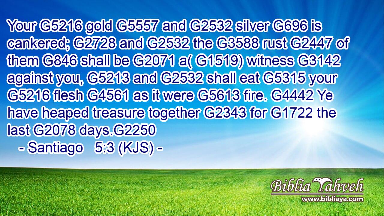 Your G5216 gold G5557 and G2532 silver G696 is cankered; G2728 and G2532 the G3588 rust G2447 of them G846 shall be G2071 a( G1519) witness G3142 against you, G5213 and G2532 shall eat G5315 your G5216 flesh G4561 as it were G5613 fire. G4442 Ye have heaped treasure together G2343 for G1722 the last G2078 days.G2250