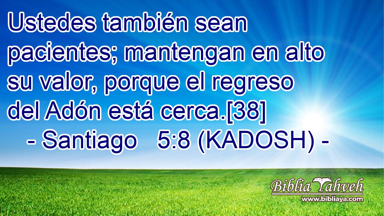  Ustedes también sean pacientes; mantengan en alto su valor, porque el regreso del Adón está cerca.[38] 