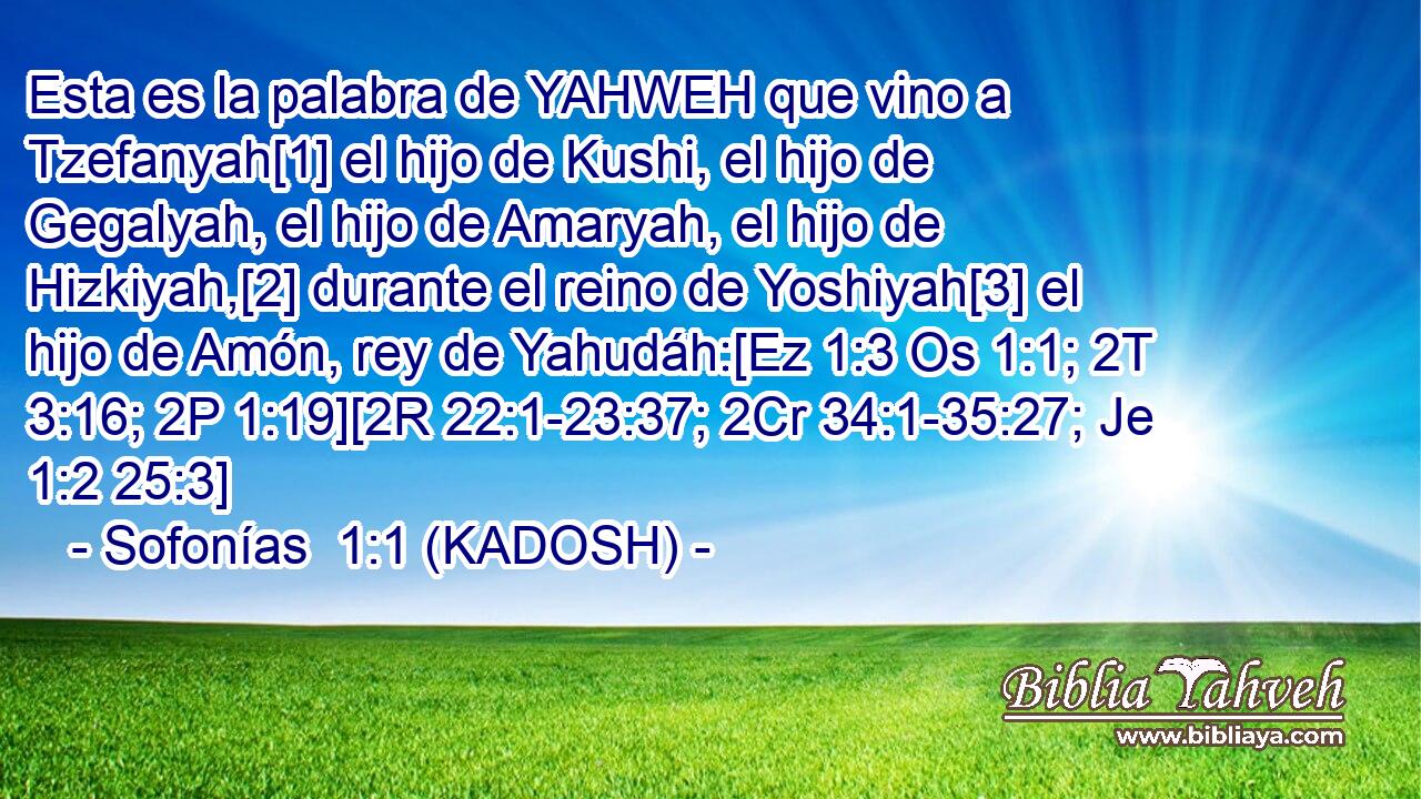  Esta es la palabra de YAHWEH que vino a Tzefanyah[1] el hijo de Kushi, el hijo de Gegalyah, el hijo de Amaryah, el hijo de Hizkiyah,[2] durante el reino de Yoshiyah[3] el hijo de Amón, rey de Yahudáh:[Ez 1:3 Os 1:1; 2T 3:16; 2P 1:19][2R 22:1-23:37; 2Cr 34:1-35:27; Je 1:2 25:3] 
