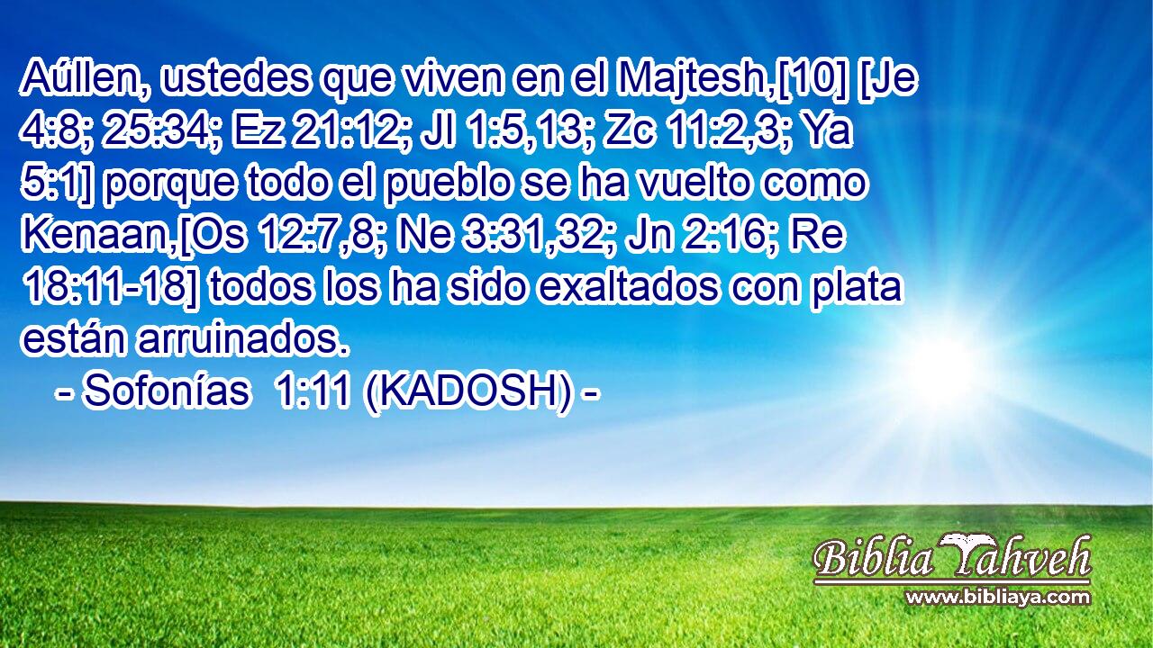  Aúllen, ustedes que viven en el Majtesh,[10] [Je 4:8; 25:34; Ez 21:12; Jl 1:5,13; Zc 11:2,3; Ya 5:1] porque todo el pueblo se ha vuelto como Kenaan,[Os 12:7,8; Ne 3:31,32; Jn 2:16; Re 18:11-18] todos los ha sido exaltados con plata están arruinados. 