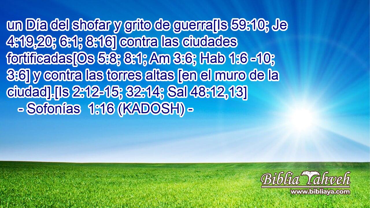  un Día del shofar y grito de guerra[Is 59:10; Je 4:19,20; 6:1; 8:16] contra las ciudades fortificadas[Os 5:8; 8:1; Am 3:6; Hab 1:6 -10; 3:6] y contra las torres altas [en el muro de la ciudad].[Is 2:12-15; 32:14; Sal 48:12,13] 