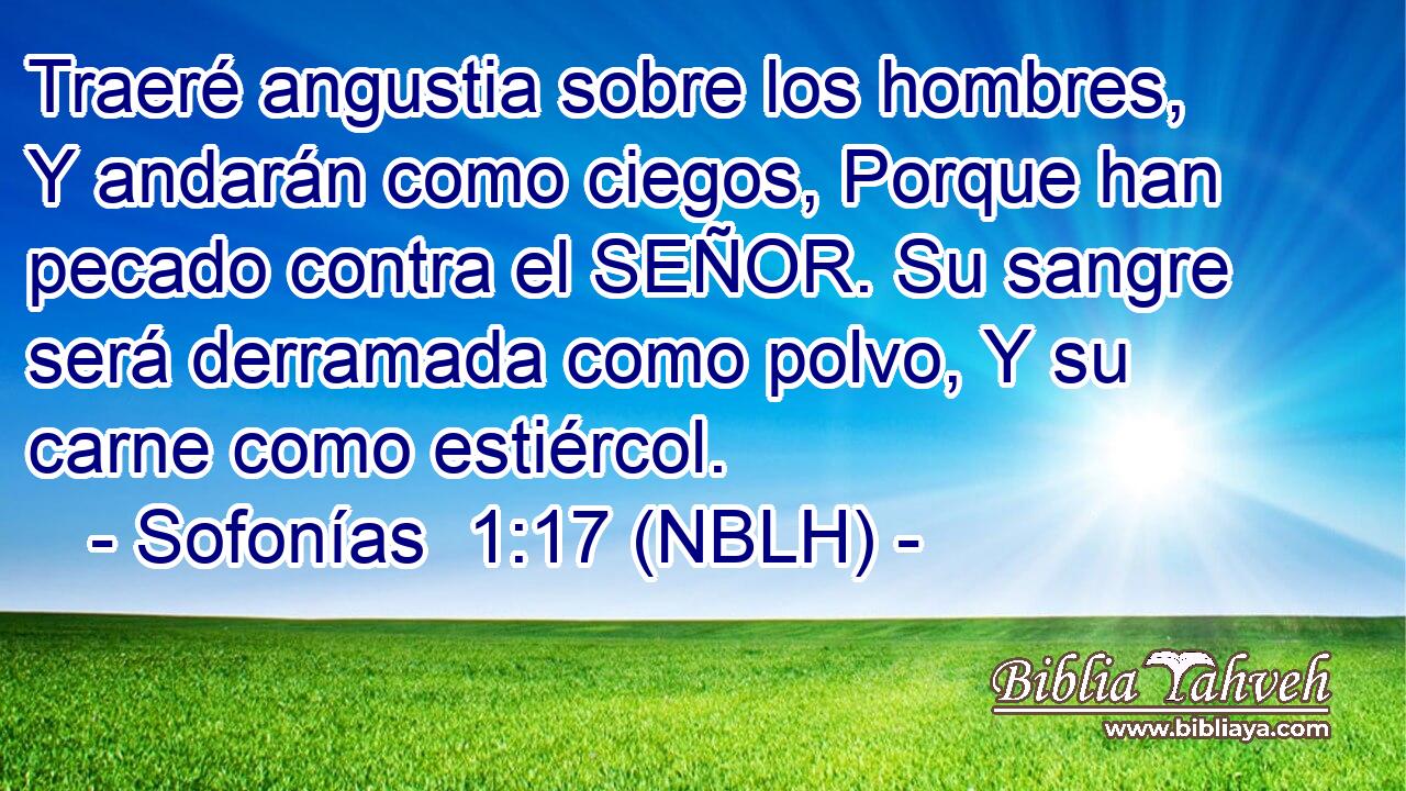  Traeré angustia sobre los hombres, Y andarán como ciegos, Porque han pecado contra el SEÑOR. Su sangre será derramada como polvo, Y su carne como estiércol. 