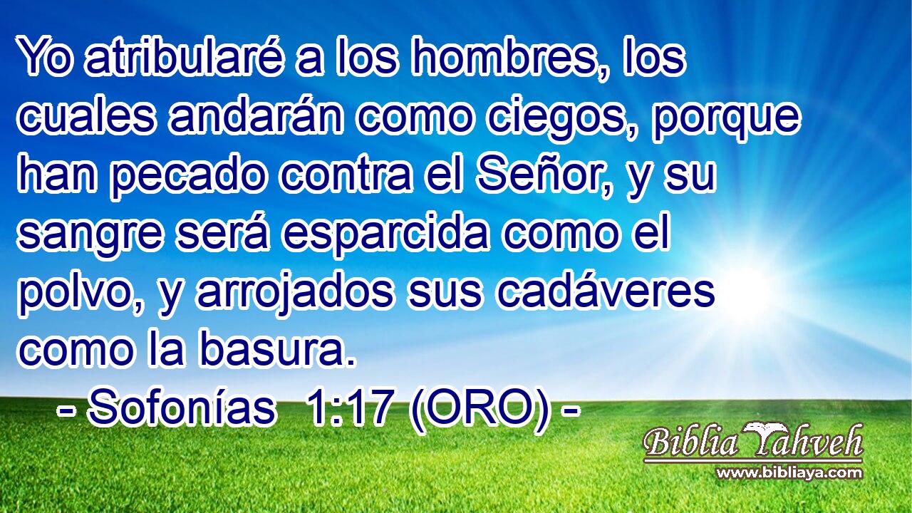  Yo atribularé a los hombres, los cuales andarán como ciegos, porque han pecado contra el Señor, y su sangre será esparcida como el polvo, y arrojados sus cadáveres como la basura. 