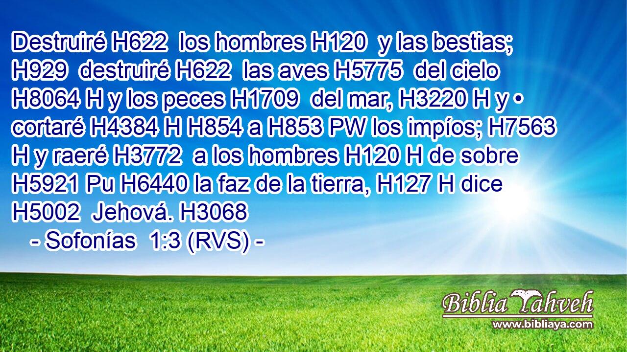 Destruiré H622  los hombres H120  y las bestias; H929  destruiré H622  las aves H5775  del cielo H8064 H y los peces H1709  del mar, H3220 H y • cortaré H4384 H H854 a H853 PW los impíos; H7563 H y raeré H3772  a los hombres H120 H de sobre H5921 Pu H6440 la faz de la tierra, H127 H dice H5002  Jehová. H3068  