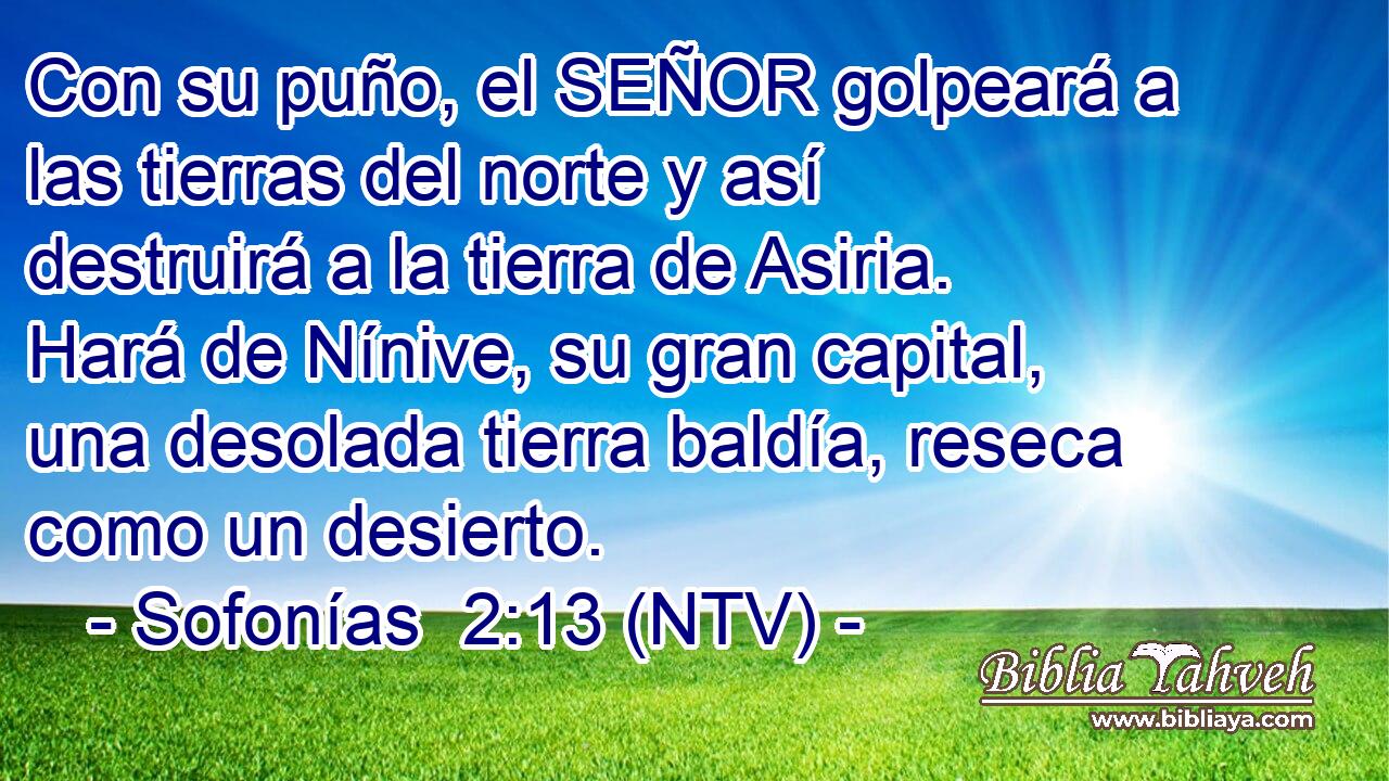Con su puño, el SEÑOR golpeará a las tierras del norte y así destruirá a la tierra de Asiria. Hará de Nínive, su gran capital, una desolada tierra baldía, reseca como un desierto.