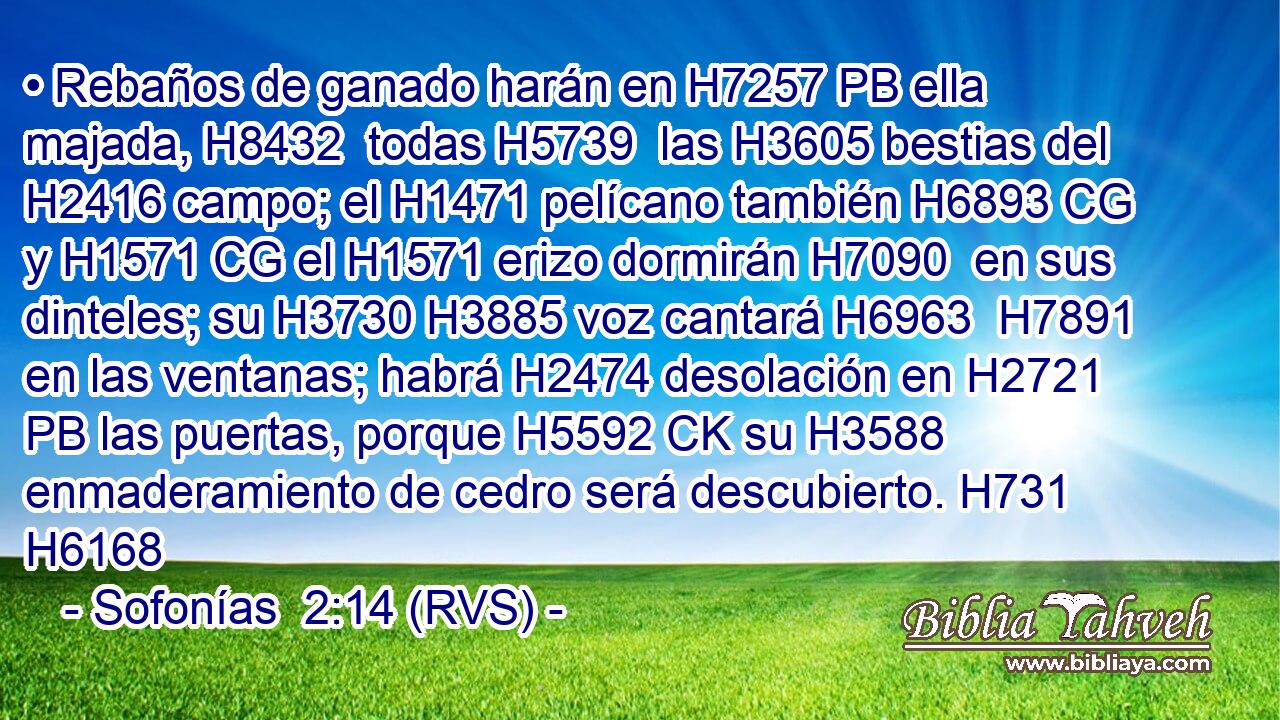 • Rebaños de ganado harán en H7257 PB ella majada, H8432  todas H5739  las H3605 bestias del H2416 campo; el H1471 pelícano también H6893 CG y H1571 CG el H1571 erizo dormirán H7090  en sus dinteles; su H3730 H3885 voz cantará H6963  H7891 en las ventanas; habrá H2474 desolación en H2721 PB las puertas, porque H5592 CK su H3588 enmaderamiento de cedro será descubierto. H731  H6168 