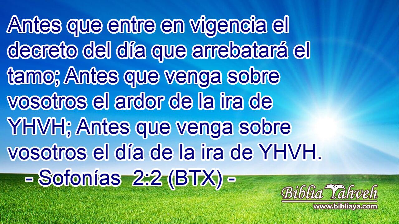 Antes que entre en vigencia el decreto del día que arrebatará el tamo; Antes que venga sobre vosotros el ardor de la ira de YHVH; Antes que venga sobre vosotros el día de la ira de YHVH.