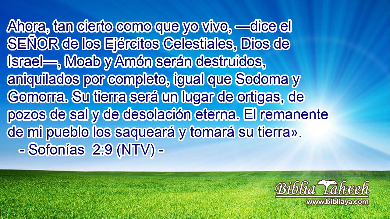 Ahora, tan cierto como que yo vivo, —dice el SEÑOR de los Ejércitos Celestiales, Dios de Israel—, Moab y Amón serán destruidos, aniquilados por completo, igual que Sodoma y Gomorra. Su tierra será un lugar de ortigas, de pozos de sal y de desolación eterna. El remanente de mi pueblo los saqueará y tomará su tierra».