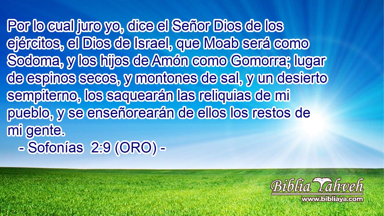  Por lo cual juro yo, dice el Señor Dios de los ejércitos, el Dios de Israel, que Moab será como Sodoma, y los hijos de Amón como Gomorra; lugar de espinos secos, y montones de sal, y un desierto sempiterno, los saquearán las reliquias de mi pueblo, y se enseñorearán de ellos los restos de mi gente. 