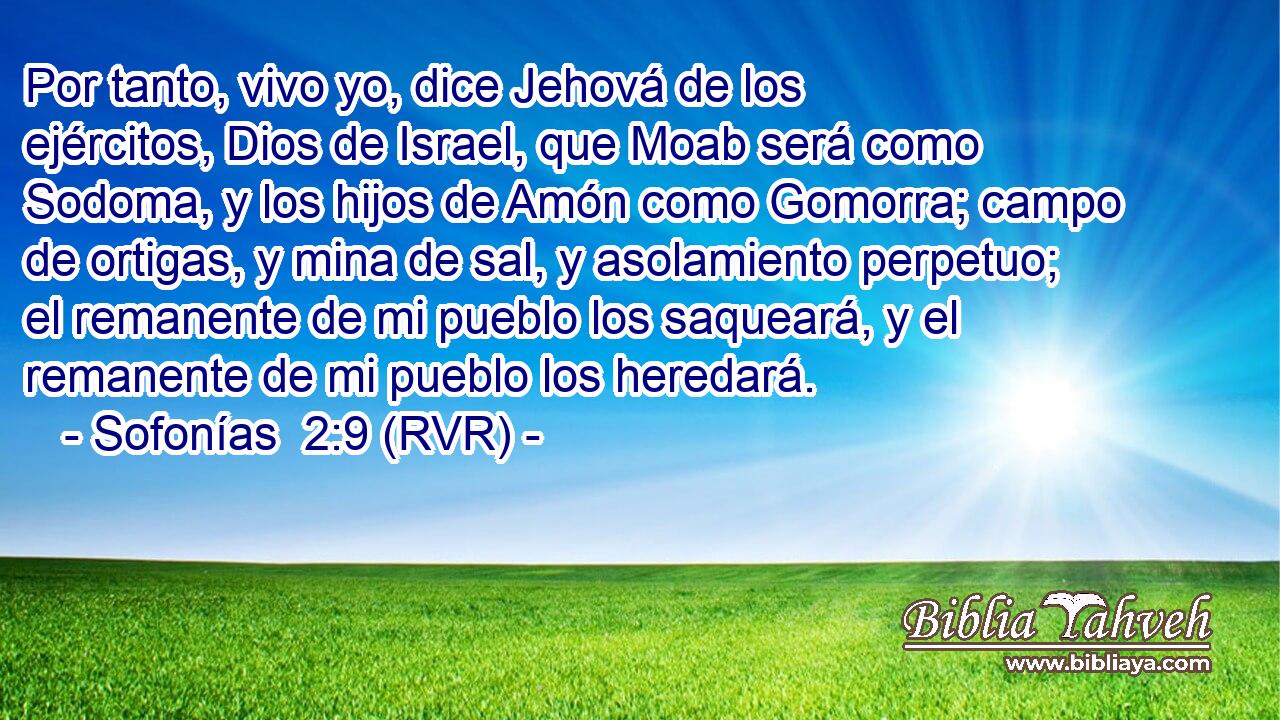 Por tanto, vivo yo, dice Jehová de los ejércitos, Dios de Israel, que Moab será como Sodoma, y los hijos de Amón como Gomorra; campo de ortigas, y mina de sal, y asolamiento perpetuo; el remanente de mi pueblo los saqueará, y el remanente de mi pueblo los heredará.