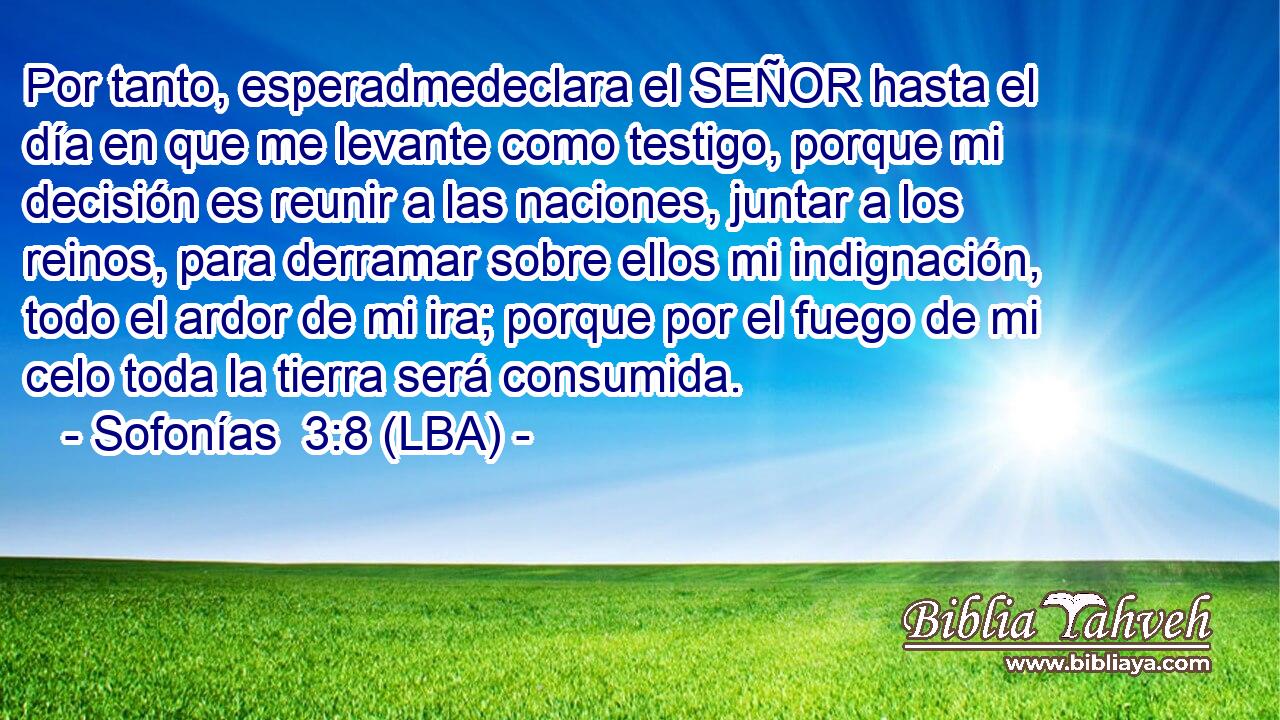 Por tanto, esperadmedeclara el SEÑOR hasta el día en que me levante como testigo, porque mi decisión es reunir a las naciones, juntar a los reinos, para derramar sobre ellos mi indignación, todo el ardor de mi ira; porque por el fuego de mi celo toda la tierra será consumida.