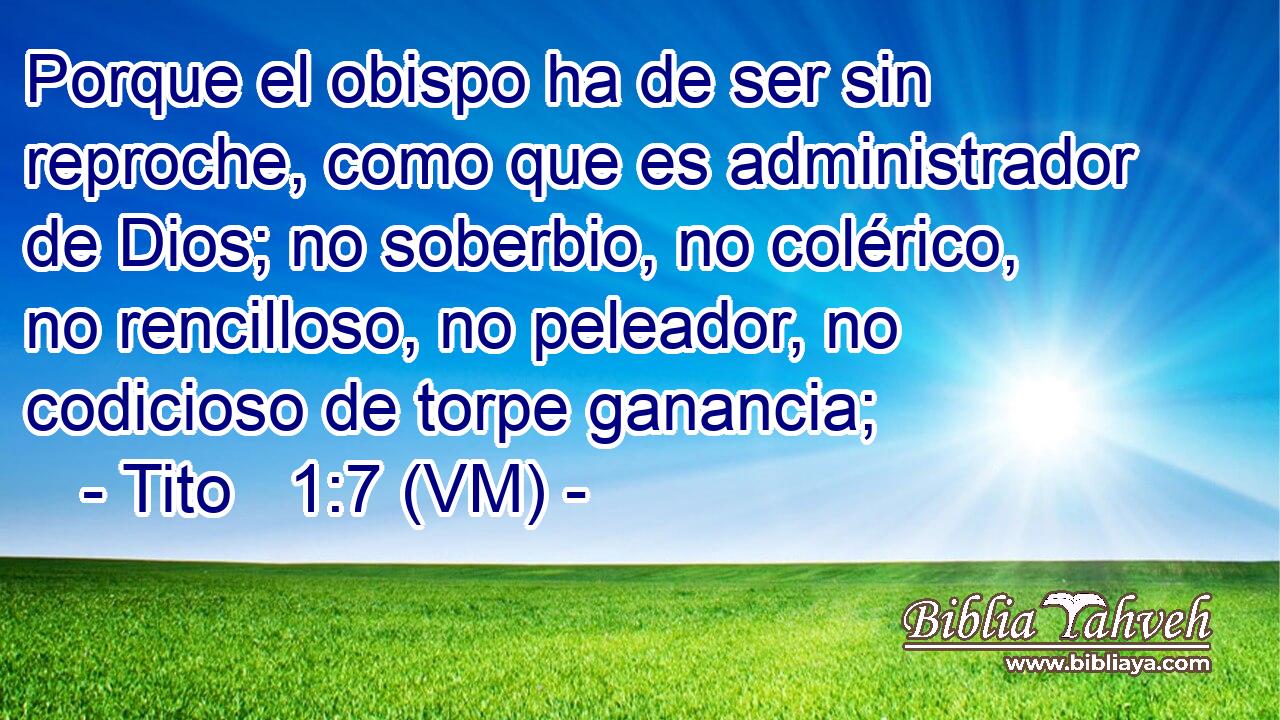  Porque el obispo ha de ser sin reproche, como que es administrador de Dios; no soberbio, no colérico, no rencilloso, no peleador, no codicioso de torpe ganancia; 