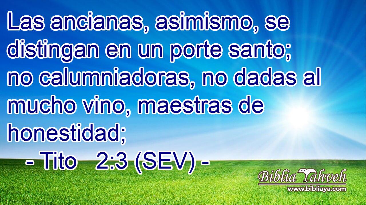 Las ancianas, asimismo, se distingan en un porte santo; no calumniadoras, no dadas al mucho vino, maestras de honestidad;
