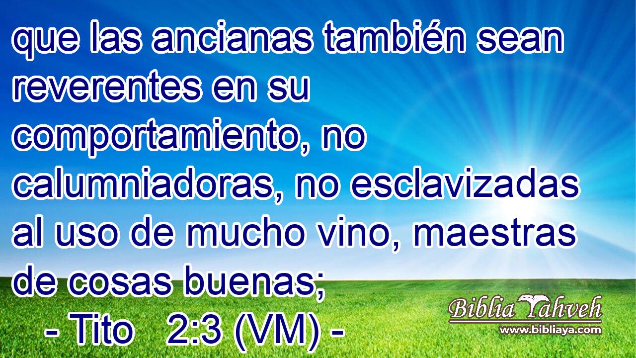  que las ancianas también sean reverentes en su comportamiento, no calumniadoras, no esclavizadas al uso de mucho vino, maestras de cosas buenas; 