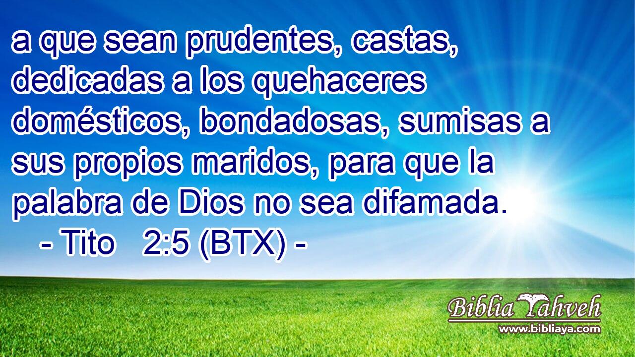 a que sean prudentes, castas, dedicadas a los quehaceres domésticos, bondadosas, sumisas a sus propios maridos, para que la palabra de Dios no sea difamada.