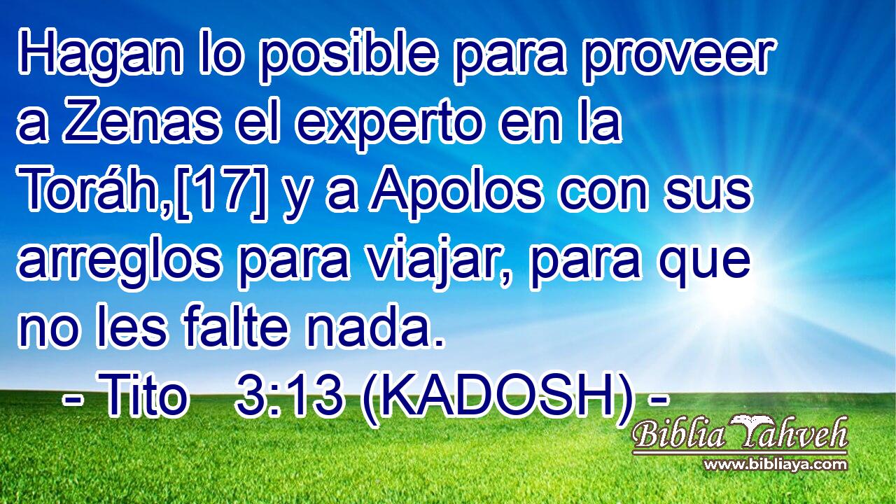  Hagan lo posible para proveer a Zenas el experto en la Toráh,[17] y a Apolos con sus arreglos para viajar, para que no les falte nada. 