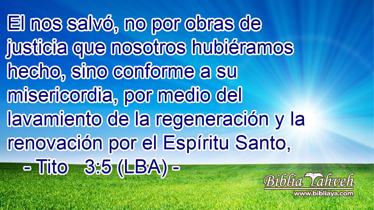 El nos salvó, no por obras de justicia que nosotros hubiéramos hecho, sino conforme a su misericordia, por medio del lavamiento de la regeneración y la renovación por el Espíritu Santo,