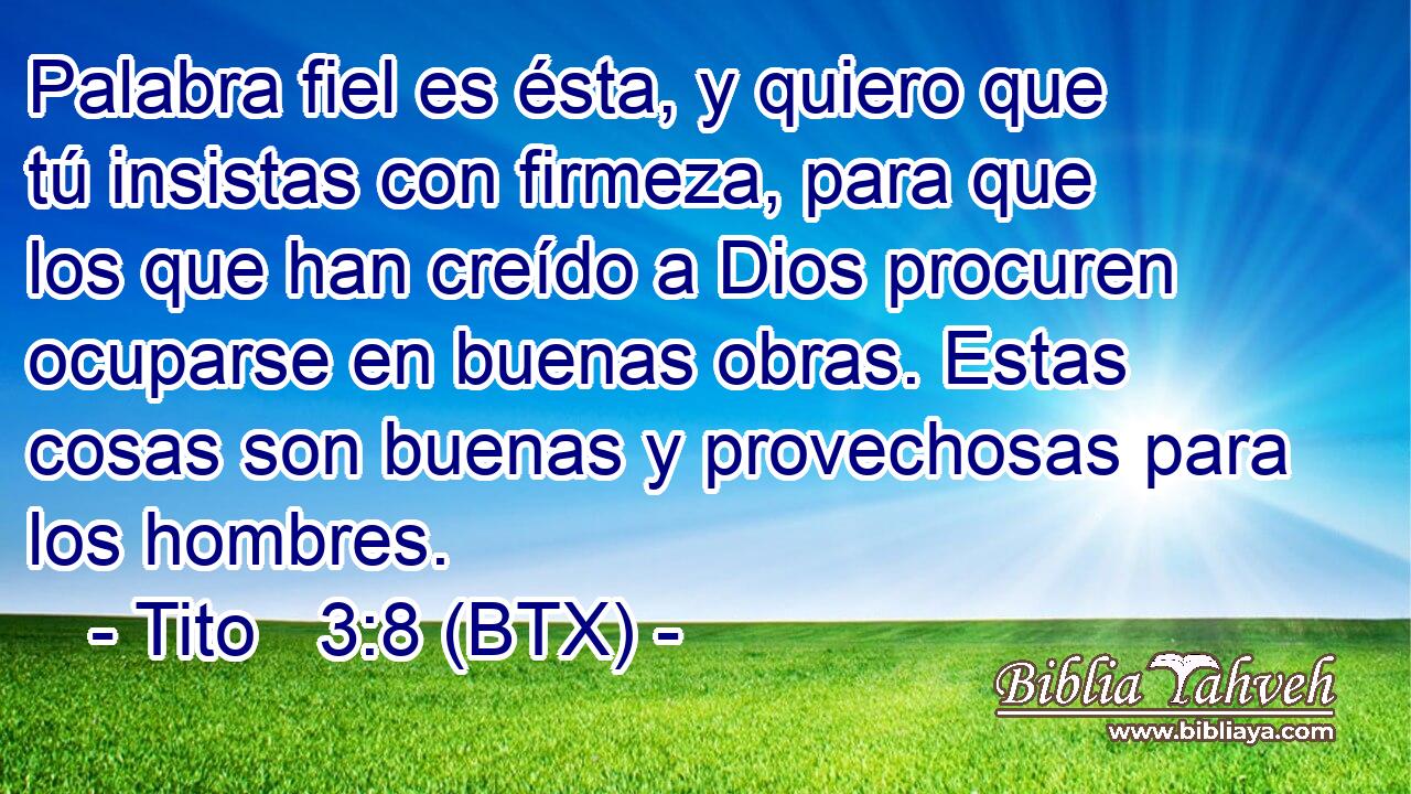 Palabra fiel es ésta, y quiero que tú insistas con firmeza, para que los que han creído a Dios procuren ocuparse en buenas obras. Estas cosas son buenas y provechosas para los hombres.