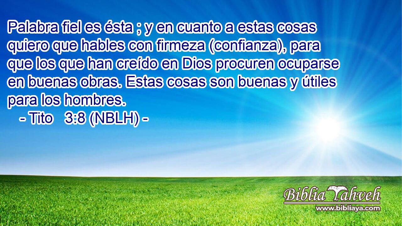  Palabra fiel es ésta ; y en cuanto a estas cosas quiero que hables con firmeza (confianza), para que los que han creído en Dios procuren ocuparse en buenas obras. Estas cosas son buenas y útiles para los hombres. 