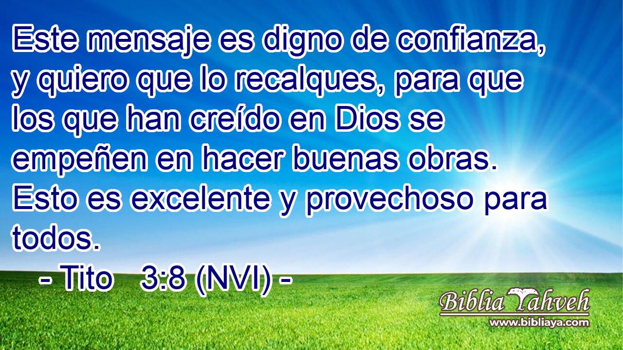  Este mensaje es digno de confianza, y quiero que lo recalques, para que los que han creído en Dios se empeñen en hacer buenas obras. Esto es excelente y provechoso para todos. 