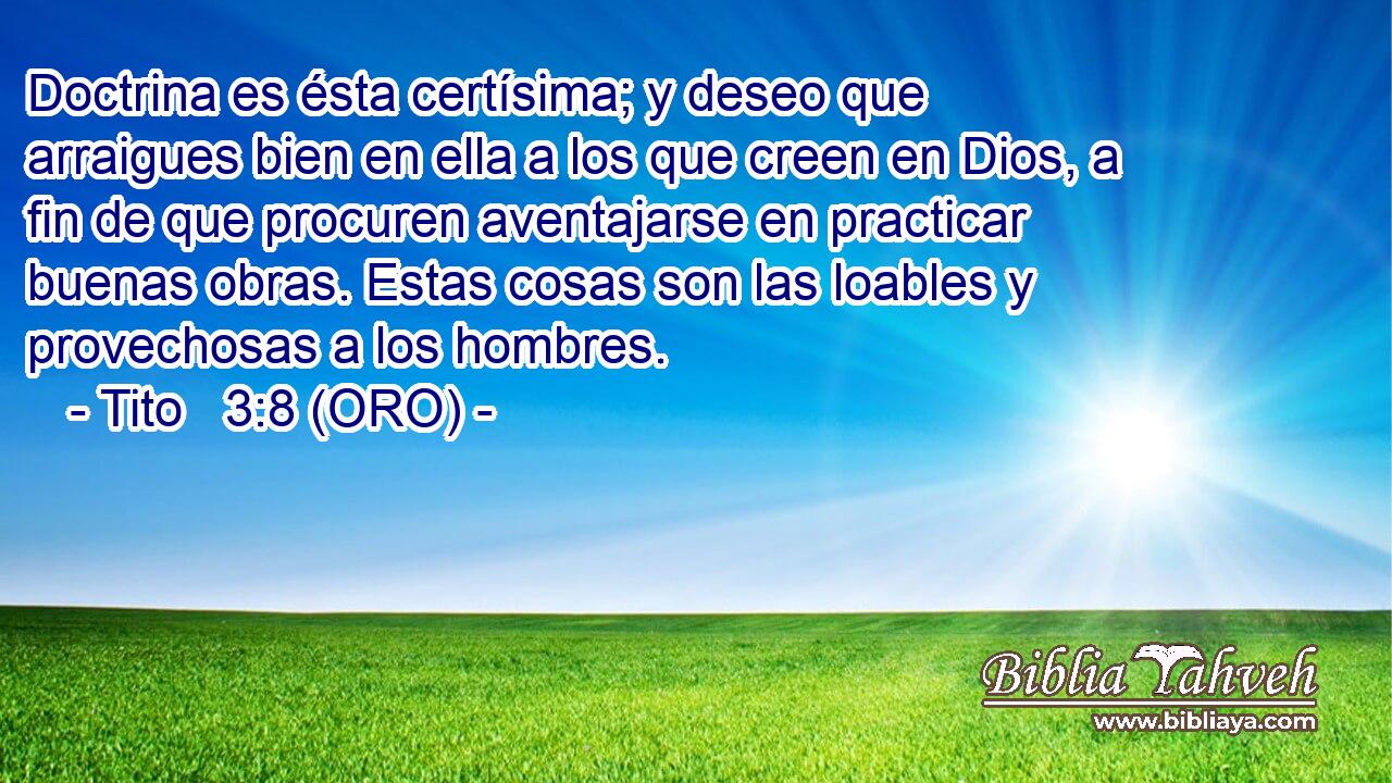  Doctrina es ésta certísima; y deseo que arraigues bien en ella a los que creen en Dios, a fin de que procuren aventajarse en practicar buenas obras. Estas cosas son las loables y provechosas a los hombres. 