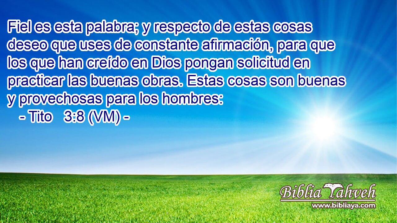  Fiel es esta palabra; y respecto de estas cosas deseo que uses de constante afirmación, para que los que han creído en Dios pongan solicitud en practicar las buenas obras. Estas cosas son buenas y provechosas para los hombres: 
