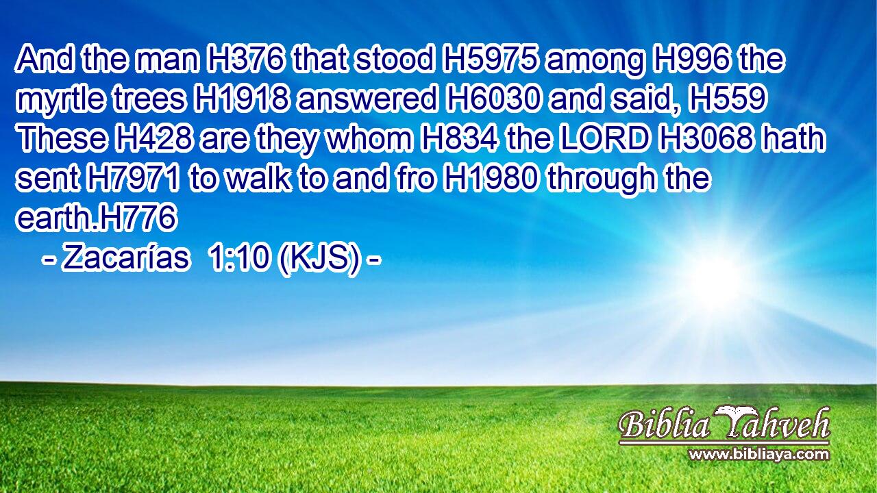 And the man H376 that stood H5975 among H996 the myrtle trees H1918 answered H6030 and said, H559 These H428 are they whom H834 the LORD H3068 hath sent H7971 to walk to and fro H1980 through the earth.H776